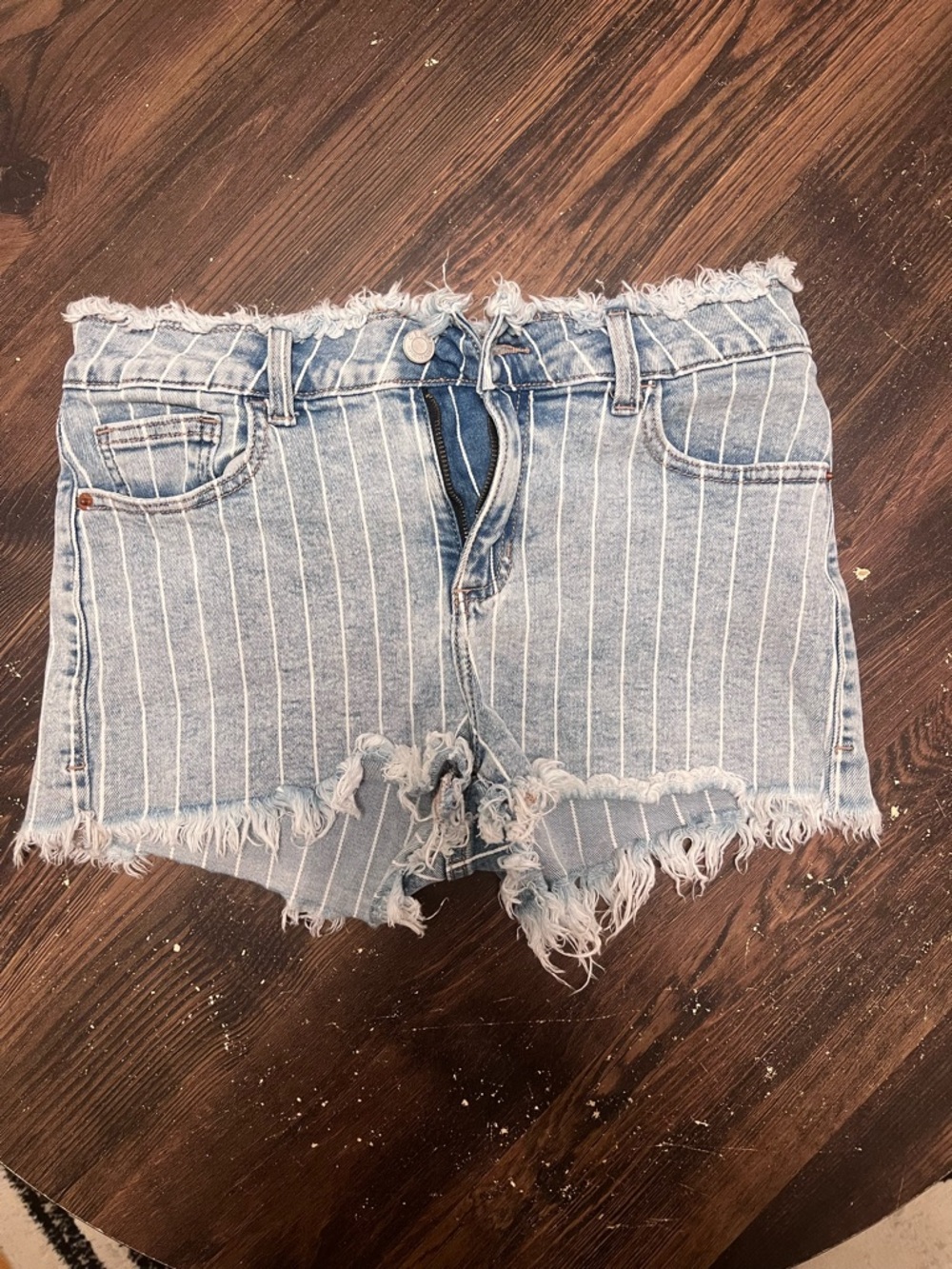 Cello Light Blue Pinstripe Frayed Denim Shorts